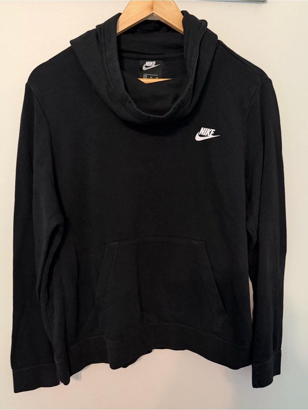 Nike Black Funnel Neck Swoosh Hoodie Sweatshirt Lounge Kangaroo Pocket athletic